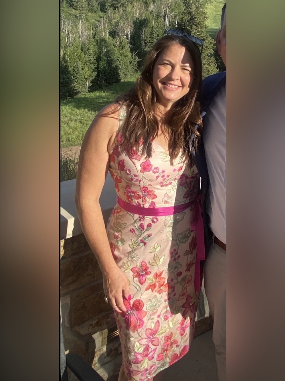 Eliza J Pink Floral Embroidered V-Neck Dress with Satin Waist Tie